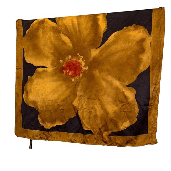 Fattorseta ITALY 100% SILK neutrals HIBISCUS golden brown black scarf ha…